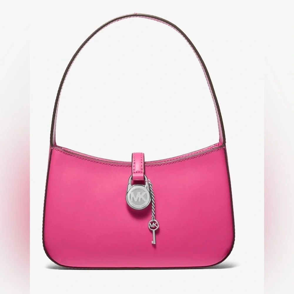 Michael Kors Lyra Small Leather Pouchette Dragonfruit Pink Silver Charm Purse